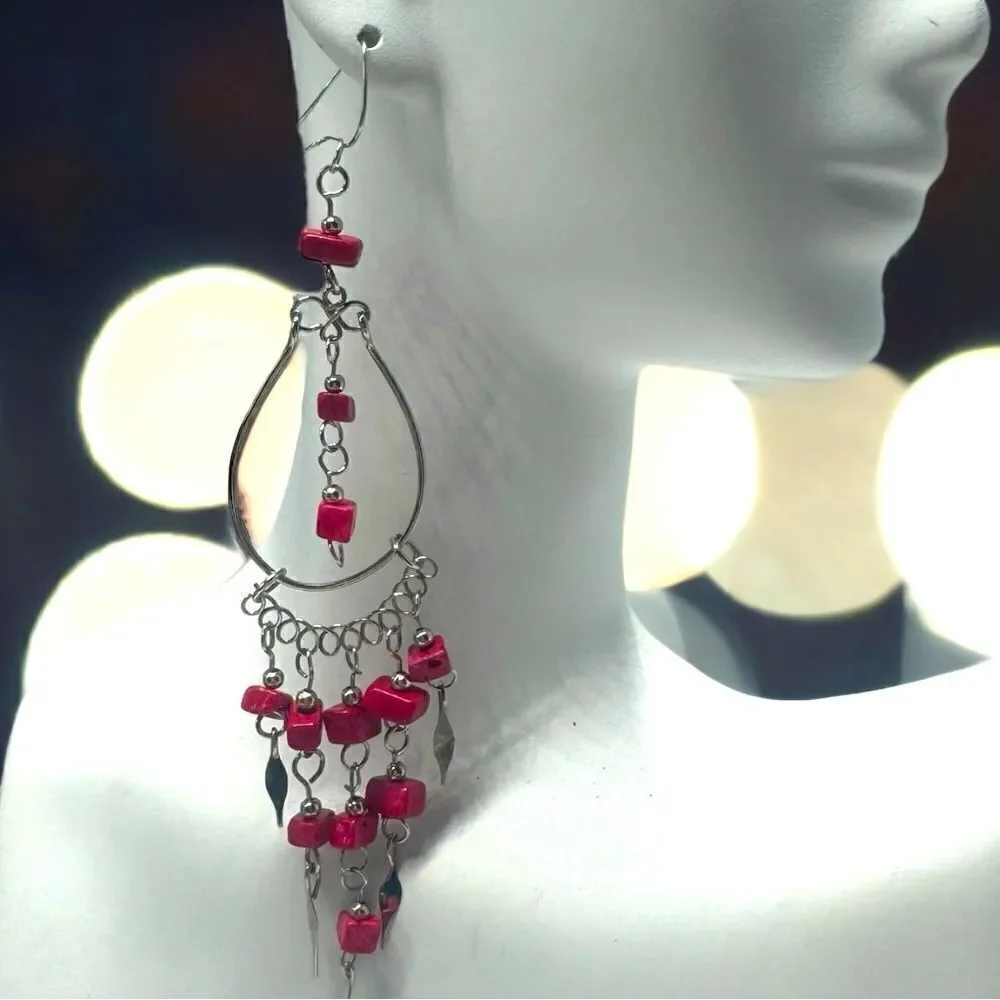 💄RED AGATE💄Handcrafted Vintage Peruvian Chandelier Earrings l 925 hook l EUC
